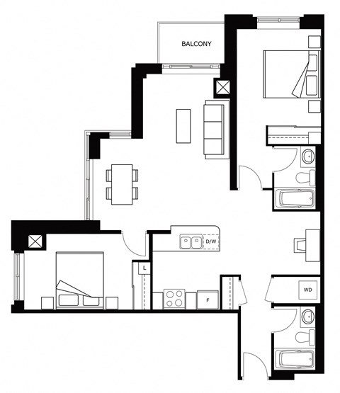 Floor plan for 2 beds, 2 baths, 1020 sqft